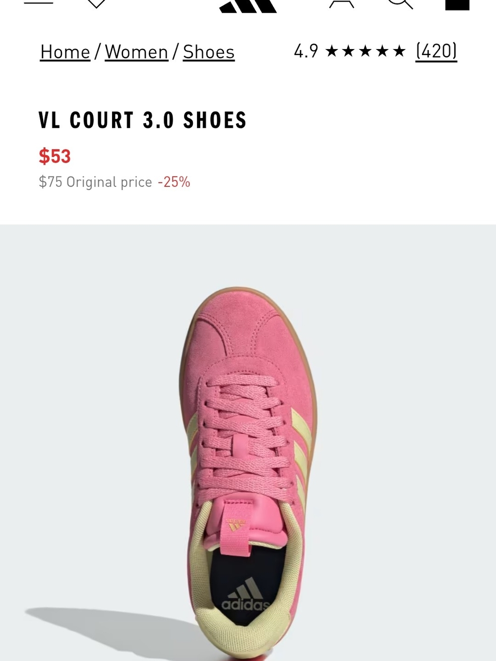 adidas VL Court 3.0 Pink Suede Sneakers with Cream Stripes - Picture 3 of 3